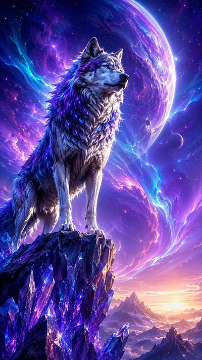 Wolf Wallpaper showing a majestic crystal wolf on glowing purple crystals beneath a giant cosmic planet in a fantasy HD landscape.