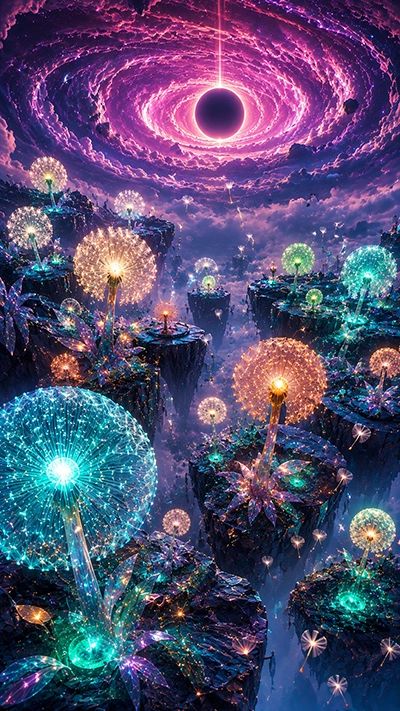 Flower Fantasy Wallpapers showing glowing magical dandelion flowers on floating islands beneath a cosmic purple sky with celestial clouds and sparkling fantasy seeds in HD.
