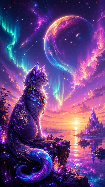Fantasy Cat Mobile Wallpaper featuring a magical cosmic cat with glowing fur, crystal formations, colorful aurora lights, a giant fantasy planet, and a dreamy celestial landscape in HD.