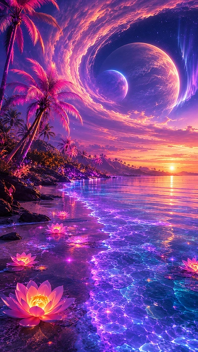 Beach Waves Phone Wallpaper featuring glowing purple ocean waves, tropical palm trees, luminous lotus flowers, and twin celestial planets in a fantasy HD beach scene.