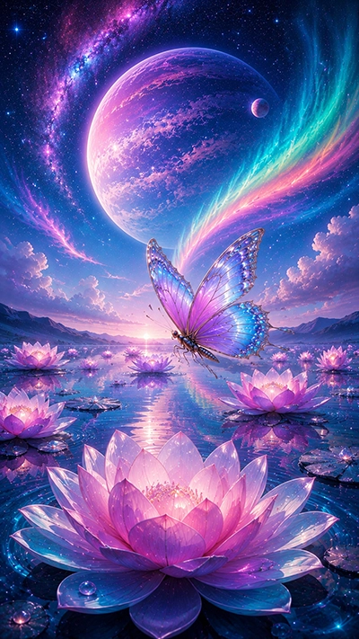 Butterfly Phone Wallpaper featuring a glowing purple butterfly flying above pink lotus flowers on a peaceful fantasy lake beneath a giant planet and colorful auroras in HD.