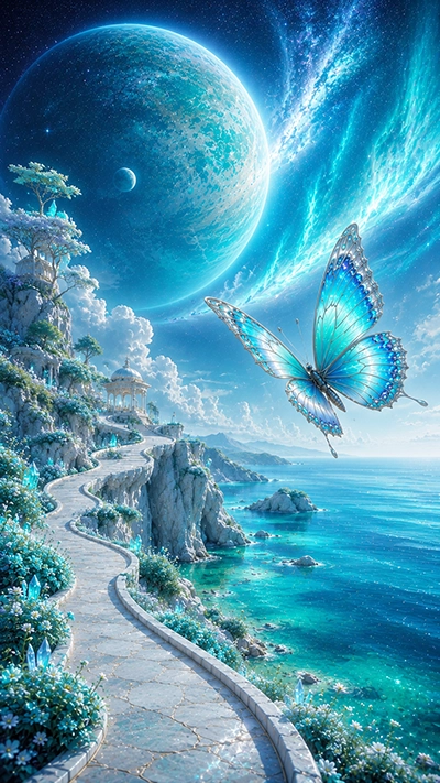 Butterfly Phone Background featuring a glowing blue butterfly flying above a crystal ocean with white marble pathways, fantasy cliffs, a giant blue planet, and colorful auroras in HD.