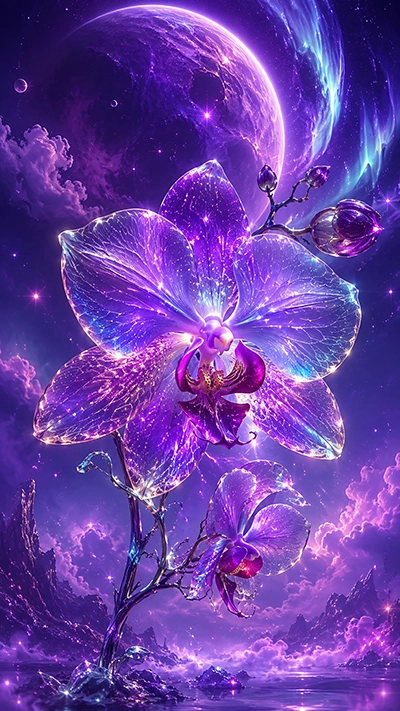 Flower Mobile Wallpaper featuring a glowing crystal purple orchid, cosmic planet, aurora lights, sparkling stars, and a magical fantasy sky in HD for mobile devices.