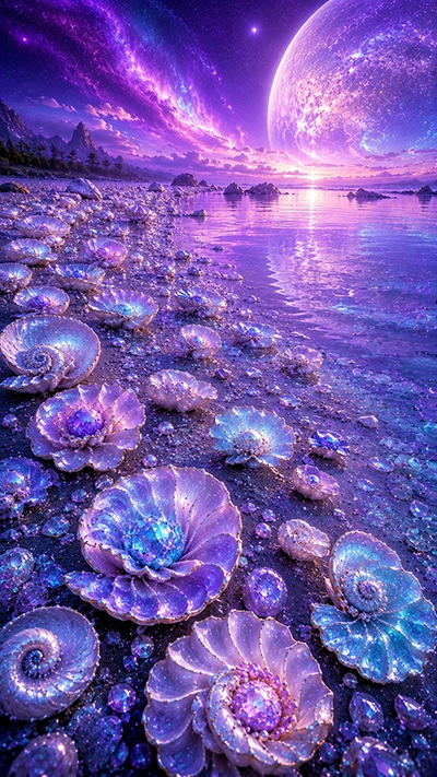 Seashell Mobile Wallpaper featuring glowing crystal seashells, sparkling pearls, a peaceful fantasy beach, calm ocean reflections, and a giant celestial planet in HD.