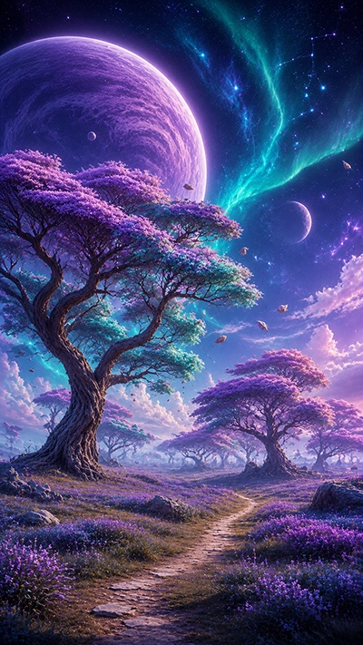 Tree mobile Wallpaper featuring majestic purple fantasy trees beneath a giant glowing planet, emerald aurora lights, a peaceful forest path, and a magical cosmic night sky in HD.