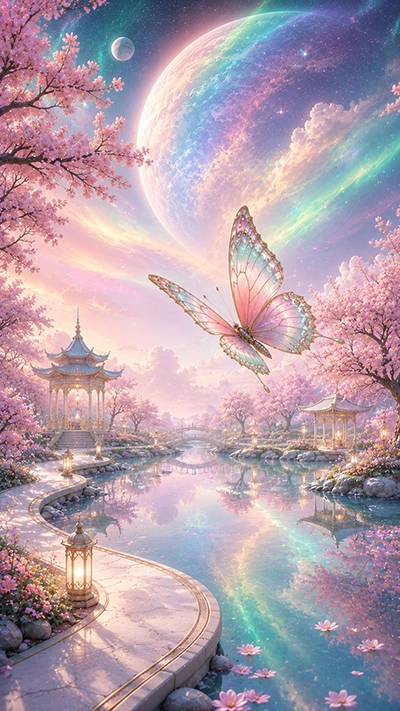 Fantasy Butterfly Mobile Wallpaper featuring a pastel butterfly flying above a crystal garden with cherry blossom trees, peaceful water, elegant pavilions, a giant fantasy planet, and colorful auroras in HD.
