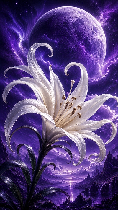 Flowers Phone Wallpapers featuring a luminous white fantasy lily with sparkling petals beneath a giant purple moon and magical cosmic sky in HD.