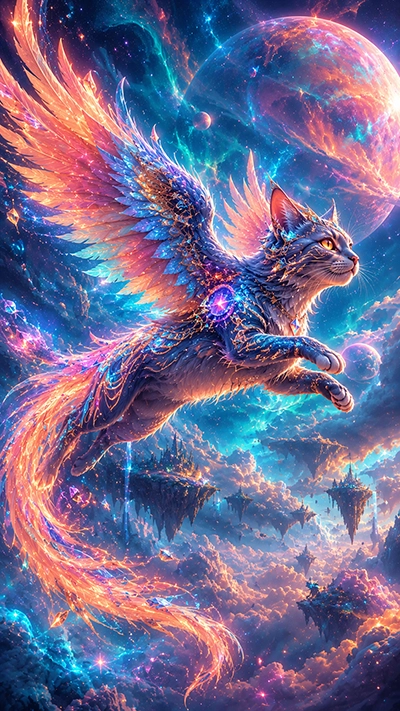 Fantasy Cat Wallpaper featuring a glowing winged celestial cat flying through a cosmic sky with floating islands, magical planets, crystal details, and vibrant fantasy clouds in HD.