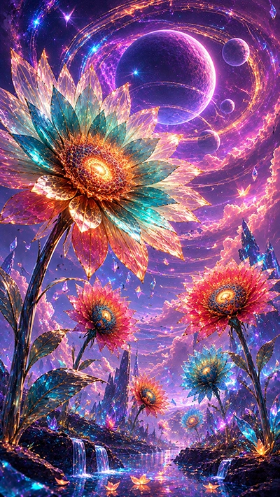 Flowers Fantasy Wallpaper showing luminous crystal flowers beneath giant purple planets, glowing galaxies, floating waterfalls, and a magical fantasy sky in HD.