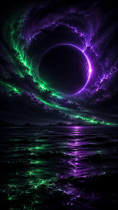 A stunning Dark Fantasy Mobile Wallpaper showing a giant eclipse planet above glowing purple and green auroras, dark ocean waves, and a mystical night sky in HD.