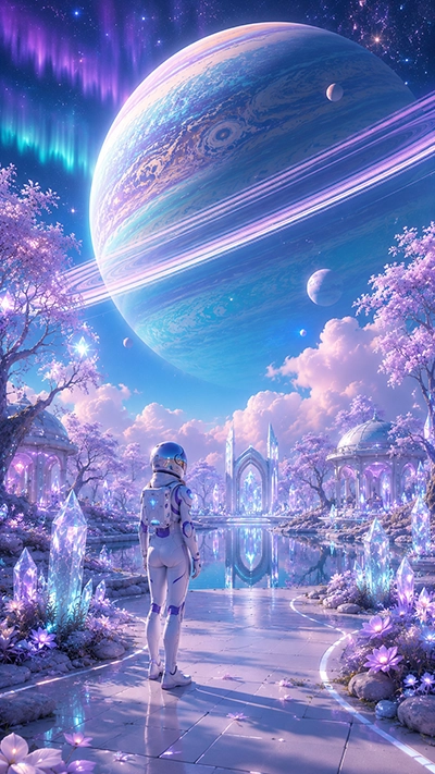 Astronaut Phone Wallpaper showing an astronaut standing in a glowing crystal garden with a giant ringed planet, fantasy temples, reflective water, and colorful auroras in HD.