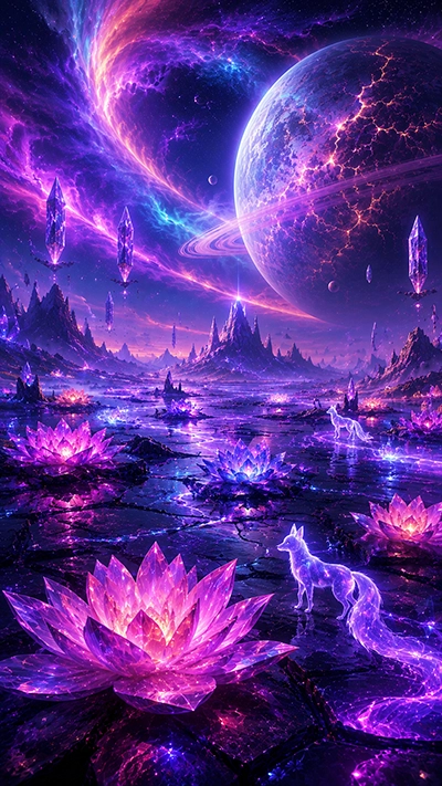 Fantasy Planet Phone Wallpaper featuring a giant ringed planet, glowing crystal lotus flowers, floating crystals, mystical fox spirits, and a colorful cosmic landscape in HD.