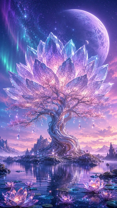 A stunning Fantasy Tree Mobile Wallpaper showing a glowing crystal lotus tree beside a tranquil lake beneath a giant fantasy moon, colorful auroras, floating crystals, and magical lotus flowers in HD.