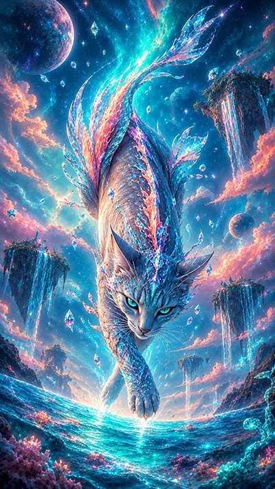 Cat Wallpapers featuring a mystical crystal cat with glowing turquoise eyes, shimmering crystal feathers, floating islands, waterfalls, and a colorful celestial fantasy sky in HD.