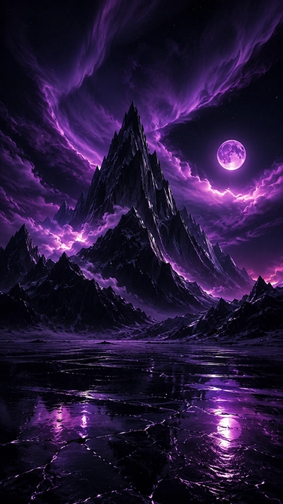 A stunning Dark Fantasy Mobile Wallpaper featuring a towering black mountain, glowing purple moon, dramatic violet clouds, and reflective frozen landscape in HD.