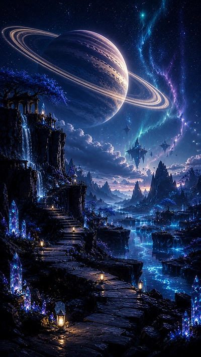 A stunning Dark Fantasy Phone Wallpaper showing glowing blue crystals, waterfalls, floating islands, ancient stone stairs, and a giant ringed planet under a magical star-filled night sky in HD.