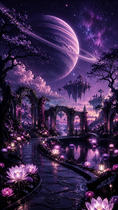 A beautiful Dark Fantasy Phone Wallpaper showing glowing lotus ponds, ancient ruins, floating islands, a giant ringed planet, magical purple skies, and elegant stone pathways in HD.