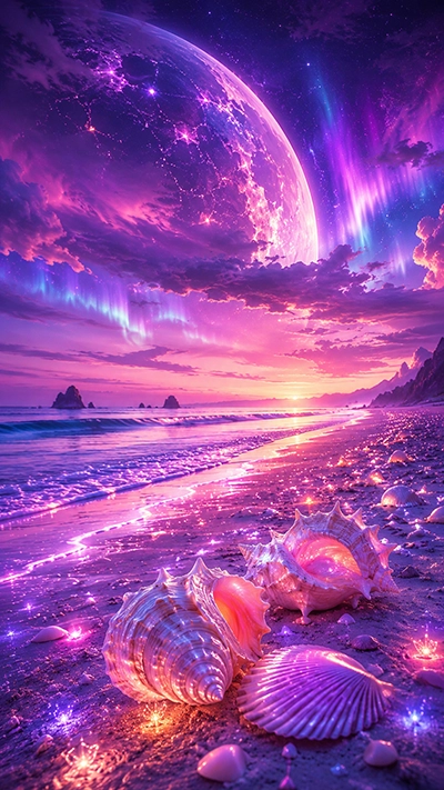 Seashell Phone Wallpaper featuring glowing seashells on a fantasy beach with a giant purple planet, colorful aurora lights, sparkling shoreline, calm ocean waves, and a magical sunset sky in HD.