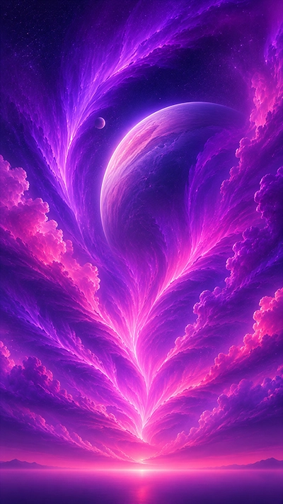 Aurora Mobile Wallpaper featuring glowing purple aurora ribbons, a giant fantasy planet, colorful cosmic clouds, and a magical celestial sky in HD.