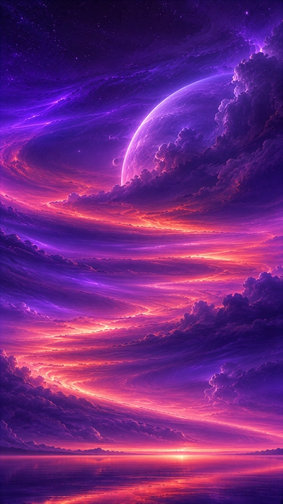 Aurora Phone Wallpaper featuring glowing purple aurora ribbons, a giant fantasy planet, vibrant cosmic clouds, and a magical celestial sky reflected over calm water in HD.
