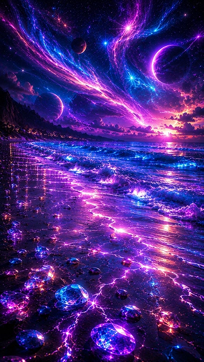 Beach Waves Mobile Wallpapers showing glowing electric beach waves, crystal reflections, giant fantasy planets, colorful auroras, and a magical cosmic sunset in HD.