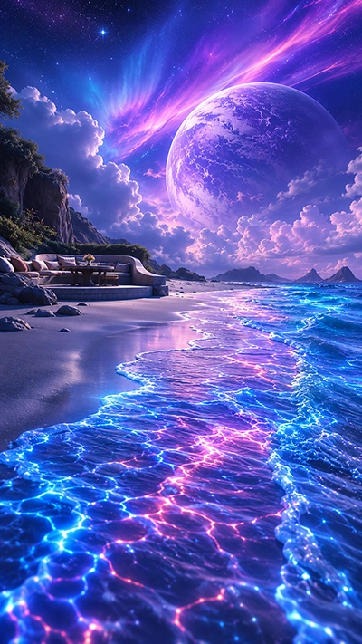 Beach Mobile Wallpaper showing glowing blue and purple ocean waves, a giant fantasy planet, colorful auroras, soft clouds, and a peaceful cosmic beach in HD.