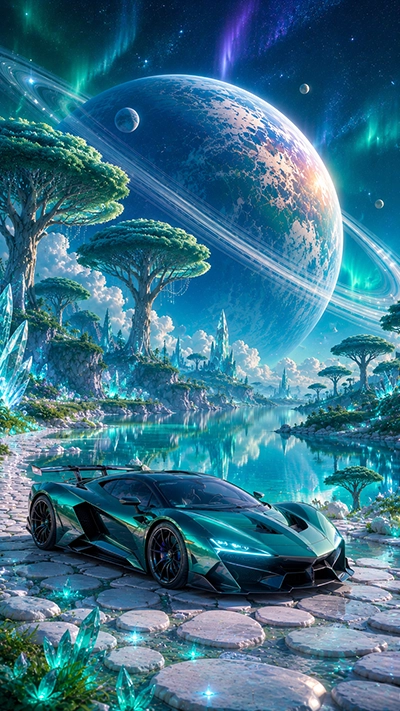 Car Phone Wallpaper showing a futuristic emerald supercar parked beside a crystal lake with fantasy trees, glowing crystals, a giant ringed planet, and colorful auroras in HD.
