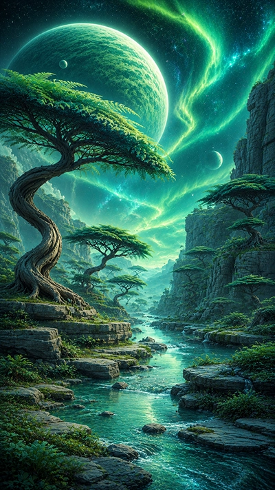 Tree Phone Wallpaper featuring an ancient twisted fantasy tree beside a crystal-clear river, glowing emerald aurora, giant green planet, rocky cliffs, and a magical night sky in HD.