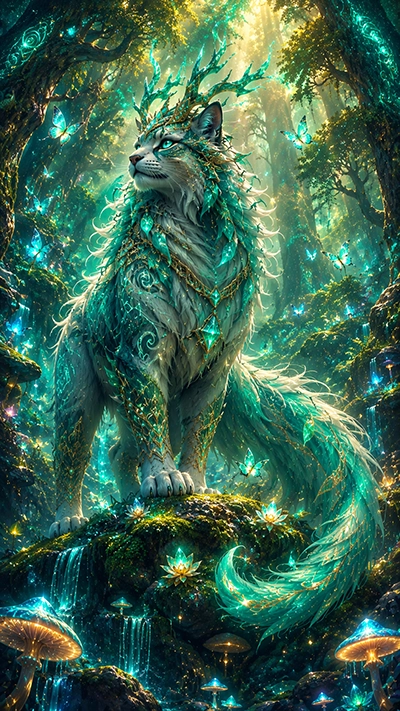 Fantasy Cat Phone Wallpaper showing a mystical emerald forest cat with glowing antlers, crystal jewelry, magical butterflies, waterfalls, and an enchanted fantasy woodland in HD.
