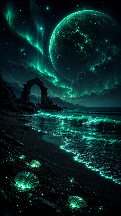 Dark Fantasy Wallpaper featuring a glowing emerald moon, green aurora lights, mystical beach waves, ancient stone arch, and luminous seashells in a magical night landscape.