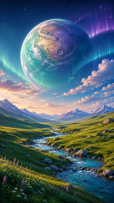 A beautiful Fantasy Planet Phone Wallpaper featuring a giant celestial planet above a green valley with flowing rivers, snowy mountains, colorful auroras, and a magical fantasy sky in HD.