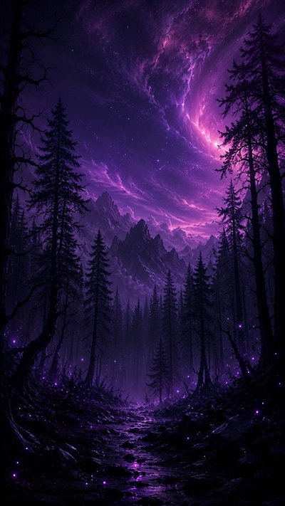 Dark Fantasy Phone Wallpaper featuring a mysterious purple forest, towering black trees, glowing cosmic sky, distant mountains, and magical night atmosphere in HD.