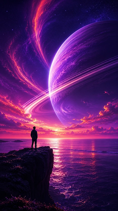 A stunning Dreamscape Mobile Wallpaper showing a lone traveler on a cliff overlooking the ocean beneath a giant purple ringed planet, glowing sunset sky, and fantasy reflections in HD.