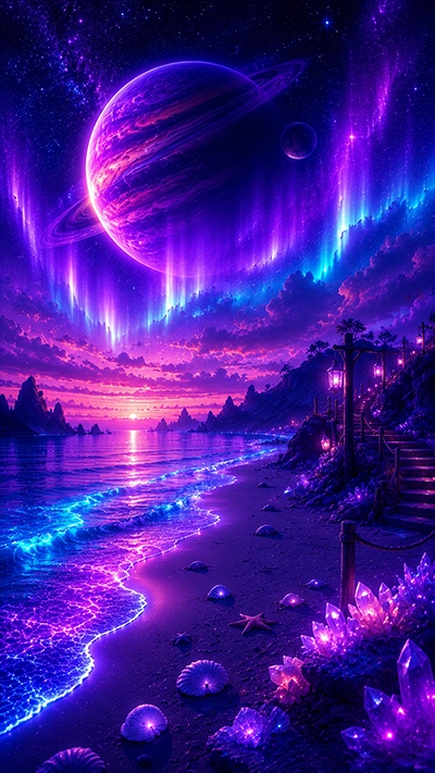 Waves Mobile Wallpaper showing glowing blue and purple ocean waves, a giant ringed planet, colorful aurora, crystal shore, lantern pathway, and a fantasy beach at night in HD.