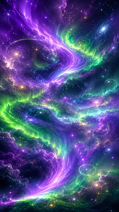 A breathtaking Fantasy Aurora Phone Wallpaper featuring swirling purple nebula clouds, vibrant green auroras, spiral galaxies, glowing stars, and an endless magical cosmic sky in HD.