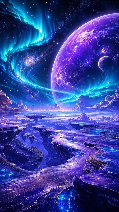 A stunning Fantasy Aurora Phone Wallpaper showing a giant purple planet, glowing blue auroras, floating rocky platforms, cosmic clouds, and a magical celestial landscape in HD.