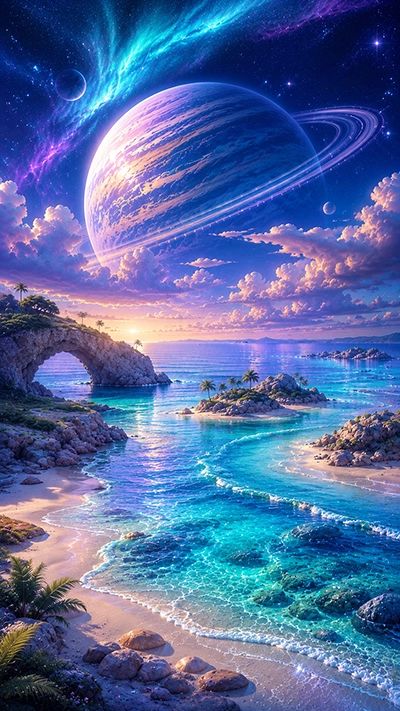 A beautiful Fantasy Beach Mobile Wallpaper featuring crystal-clear turquoise beaches, tropical islands, a natural stone arch, calm ocean waves, and a giant ringed planet beneath colorful auroras in HD.
