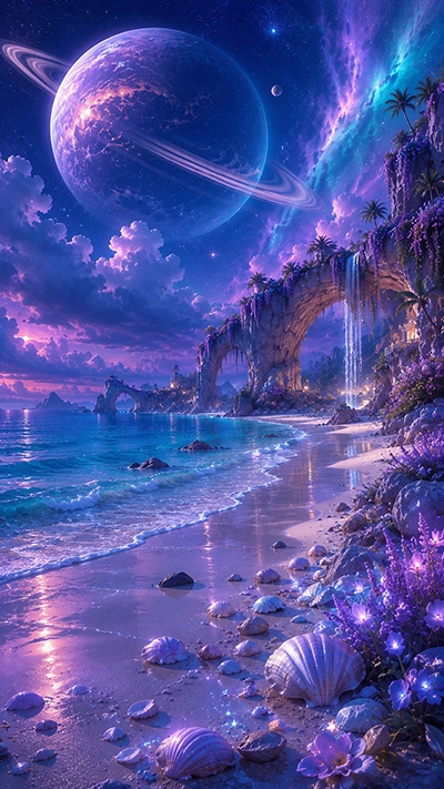 A stunning Fantasy Beach Mobile Wallpaper showing a crystal beach with seashells, waterfall cliffs, tropical flowers, glowing sky, and a giant ringed planet above the ocean in HD.