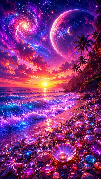 Beach Mobile Wallpaper featuring glowing waves, crystal pearls, seashells, tropical palm trees, a giant fantasy planet, and a colorful cosmic sunset in HD.