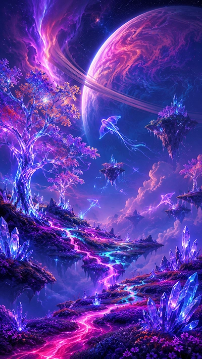Fantasy Planet Phone Wallpaper showing a giant purple planet, floating crystal islands, glowing fantasy trees, magical rivers, and colorful cosmic skies in HD.