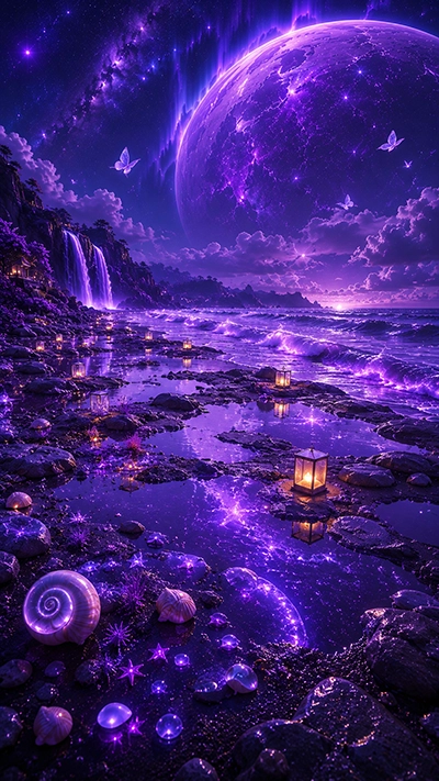 Beach Mobile Wallpaper featuring glowing purple ocean waves, magical lanterns, a giant fantasy planet, waterfalls, crystal reflections, and a dreamy night sky in HD.