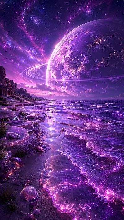 Waves Phone Wallpaper featuring glowing purple ocean waves, a giant ringed fantasy planet, cosmic galaxy sky, crystal shoreline, and magical beach scenery in HD.