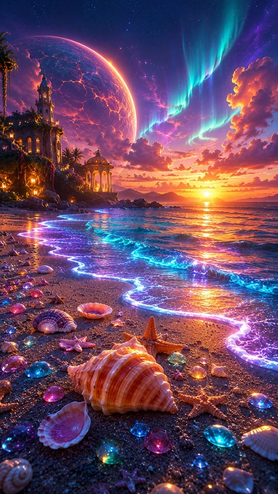Seashell Phone Backgrounds showing glowing seashells, colorful crystal waves, tropical beach, giant fantasy planet, vibrant auroras, and a magical sunset in HD.