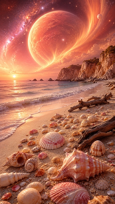 Seashell Phone Wallpaper featuring a fantasy sunset beach with colorful seashells, giant glowing planet, calm ocean waves, white cliffs, driftwood, and a dreamy cosmic sky in HD.