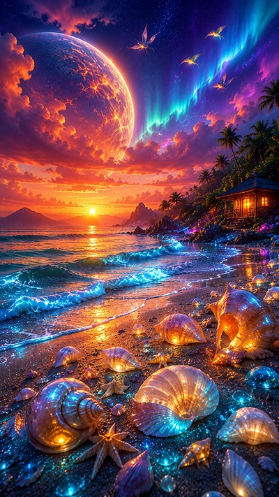 Seashell Mobile Wallpapers showing glowing seashells, electric ocean waves, a tropical beach cottage, colorful auroras, fantasy birds, and a giant celestial planet in HD.