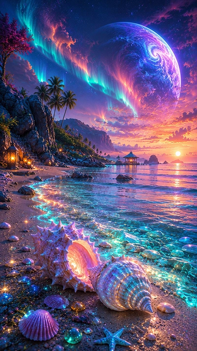 Seashell Phone Wallpapers featuring glowing seashells on a magical tropical beach with turquoise waves, colorful auroras, a giant fantasy planet, and a dreamy sunset in HD.