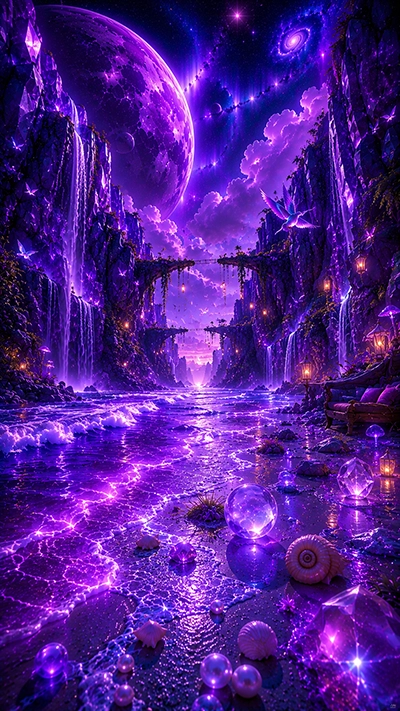 Beach Phone Wallpaper featuring glowing purple ocean waves, magical waterfalls, crystal reflections, floating bridges, giant fantasy planet, and a dreamy night landscape in HD.