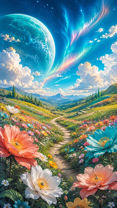 Flower Mobile Wallpaper featuring colorful fantasy flowers in a blooming valley with a giant blue planet, glowing auroras, rolling hills, and a scenic mountain path in HD.