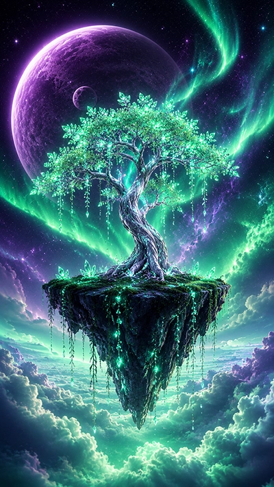 A magical Fantasy Tree Phone Wallpaper showing a glowing emerald tree on a floating island with crystal vines, colorful auroras, a giant purple planet, and fantasy clouds in HD.