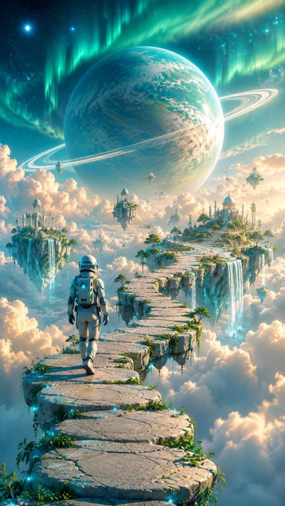 Astronaut Phone Wallpaper showing a lone astronaut walking on a floating stone bridge toward fantasy islands with waterfalls, a giant ringed planet, and glowing auroras in HD.